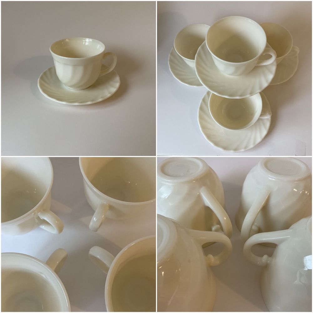 Arcopal Trianon Ivory Swirl Glass Cups and Saucers Set of 4 France - Picture 15 of 16